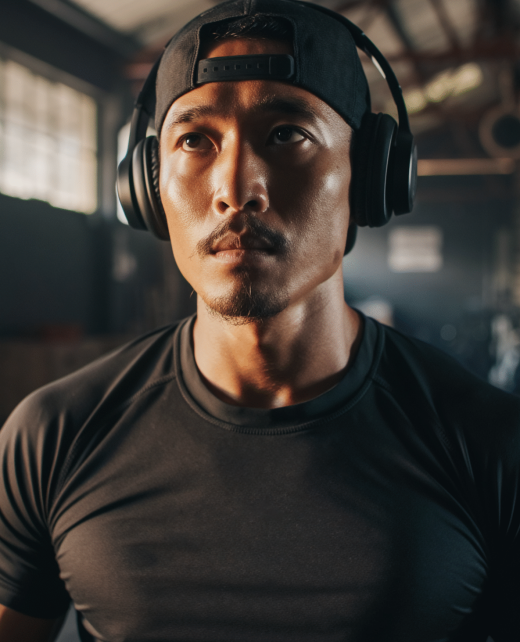 Firefly_A focused Indonesian man wearing black over-ear headphones and a plain black cap, wor 770512